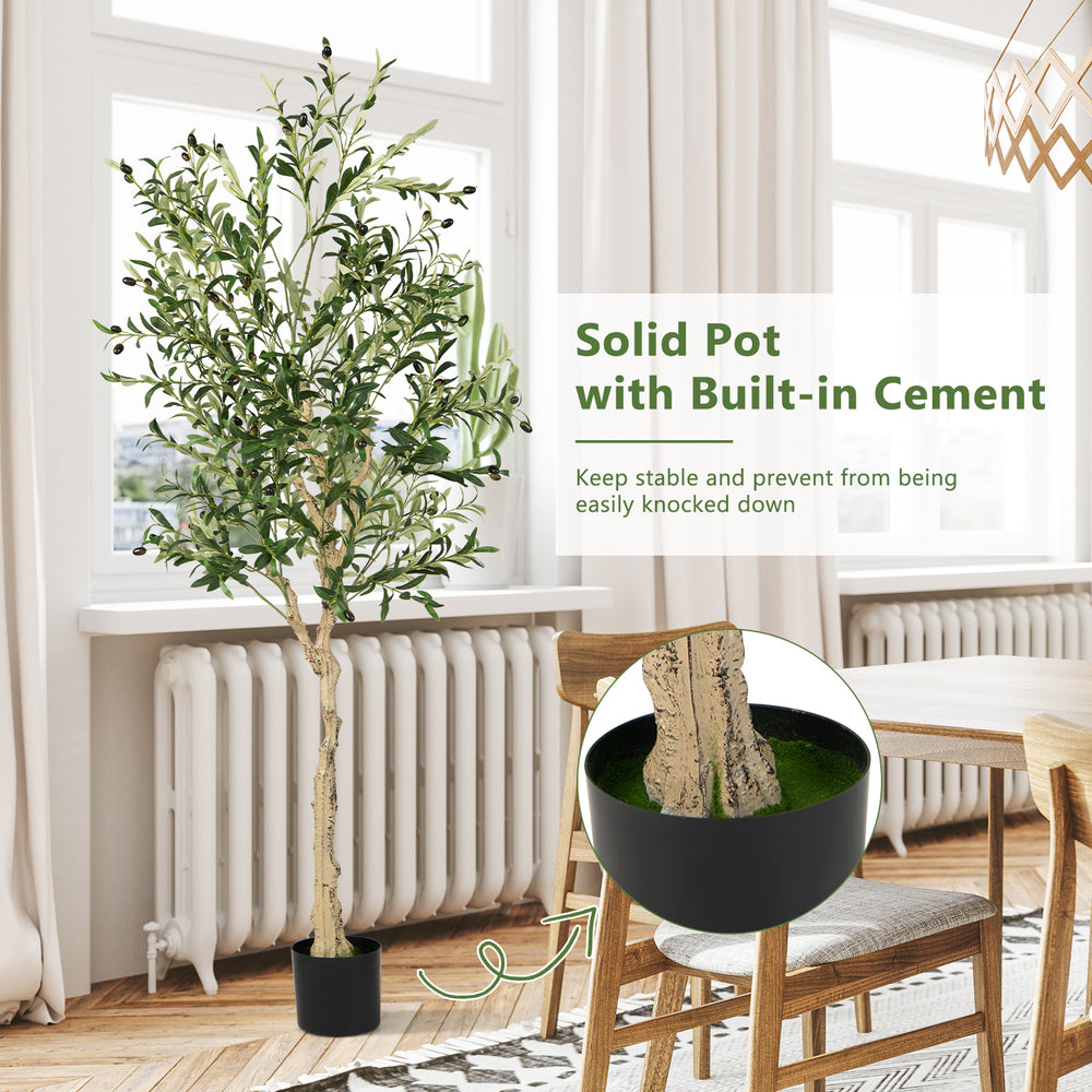 6 feet artificial olive tree with 1264 leaves in a solid cement pot, perfect for indoor or outdoor decoration.