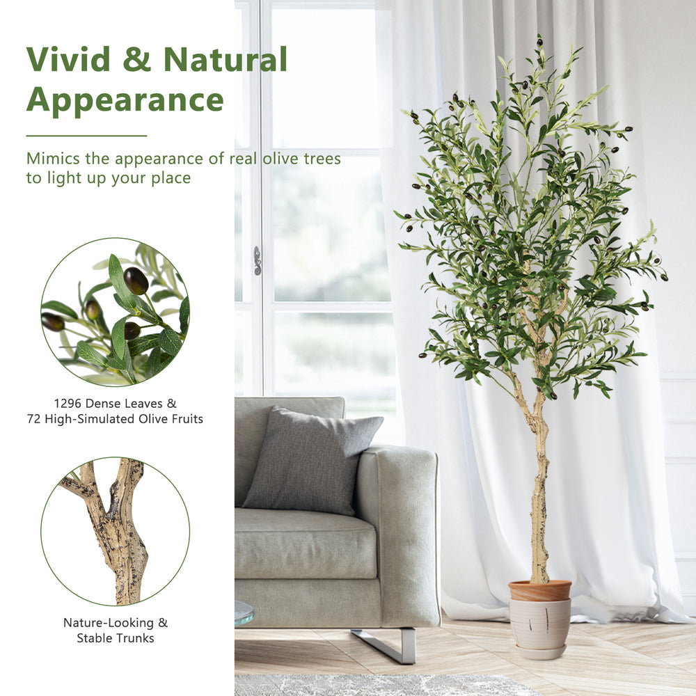 6-foot artificial olive tree with 1264 leaves and 72 fruits in a cement pot, ideal for indoor and outdoor decoration.