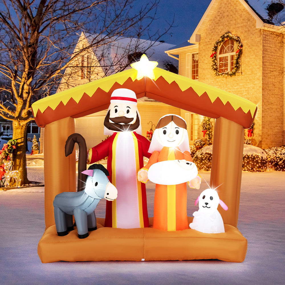 6-foot inflatable Christmas nativity scene with LED lights, featuring Mary, Joseph, and animals for outdoor decoration.