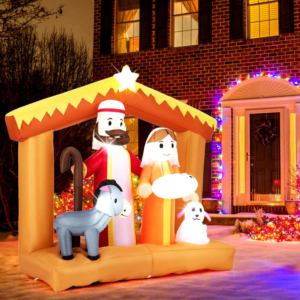 6 feet Christmas inflatable nativity scene with LED lights, featuring Mary, Joseph, and animals for outdoor decoration.