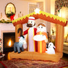 Inflatable 6-foot Christmas nativity scene with LED lights, featuring Mary, Joseph, and animals, perfect for outdoor.