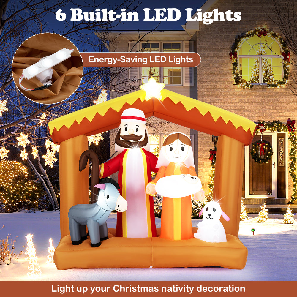 Christmas inflatable nativity scene with 6 built-in LED lights, made of weather-resistant polyester for outdoor.