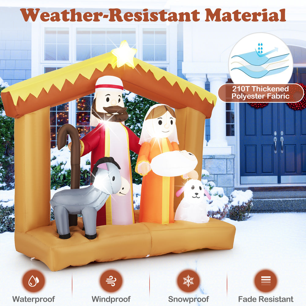 6 feet Christmas inflatable nativity scene with LED lights, made of weather-resistant polyester for outdoor decoration.