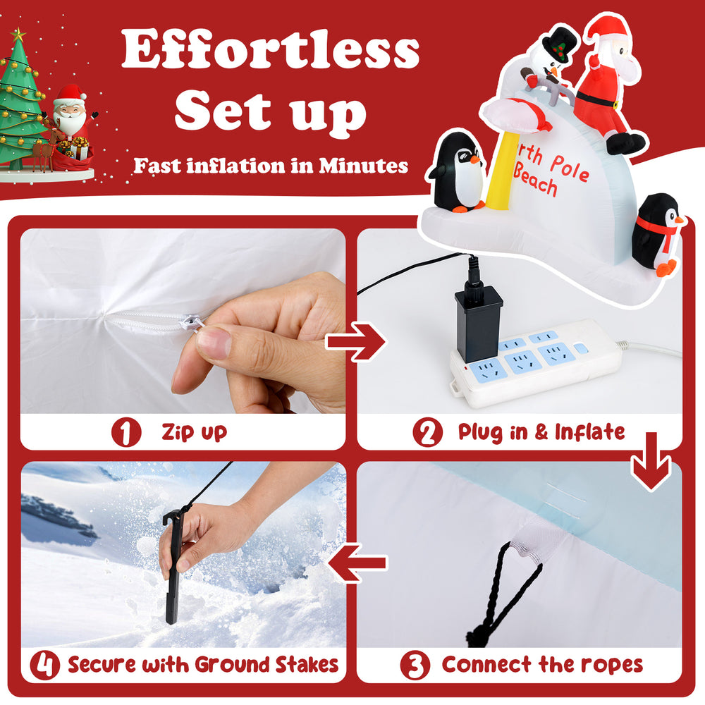 6 feet Christmas inflatable featuring Santa and penguins, designed for outdoor use with LED lights and ground stakes.