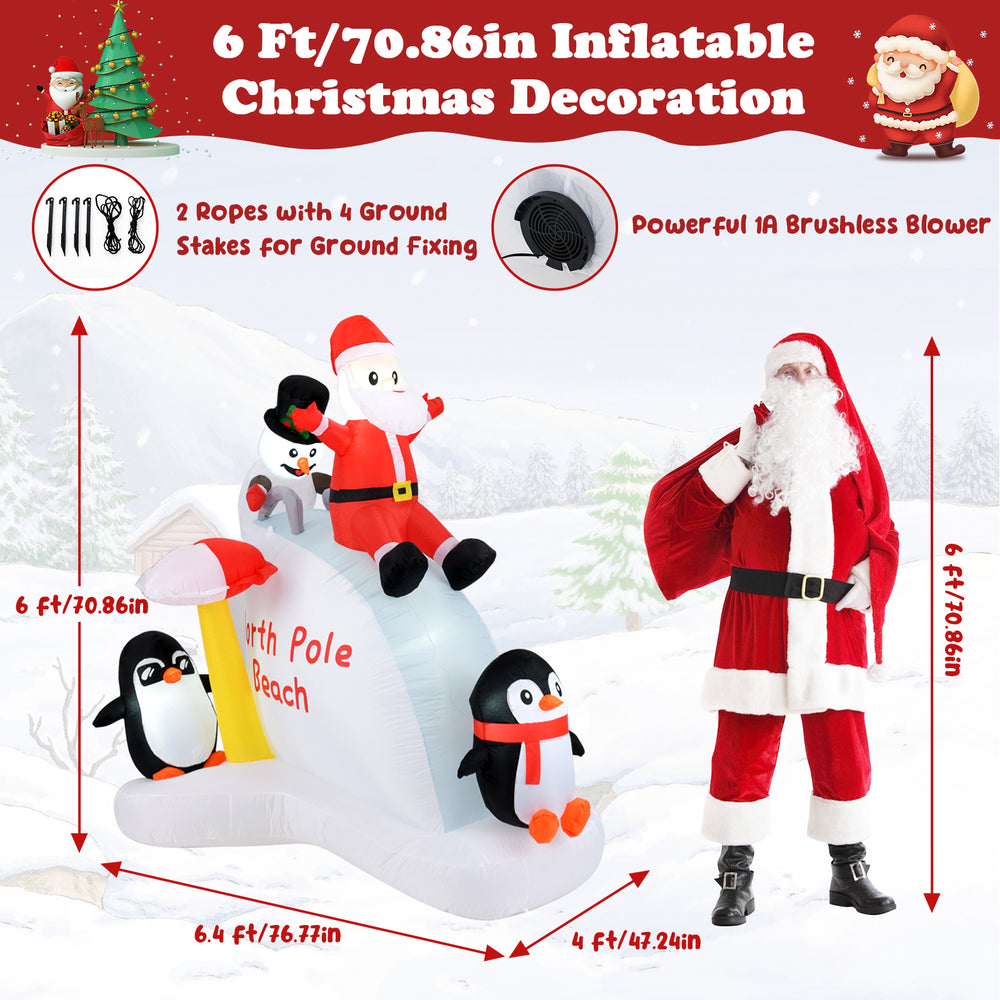 6 ft inflatable Christmas decoration featuring Santa and penguins on an ice slide, perfect for outdoor festive displays.
