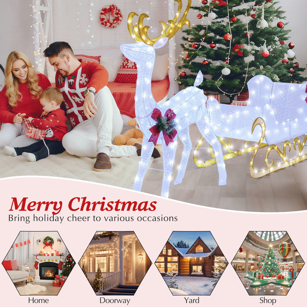 Lighted 6 feet Christmas reindeer and Santa's sleigh decoration with 215 LED lights for festive outdoor displays.