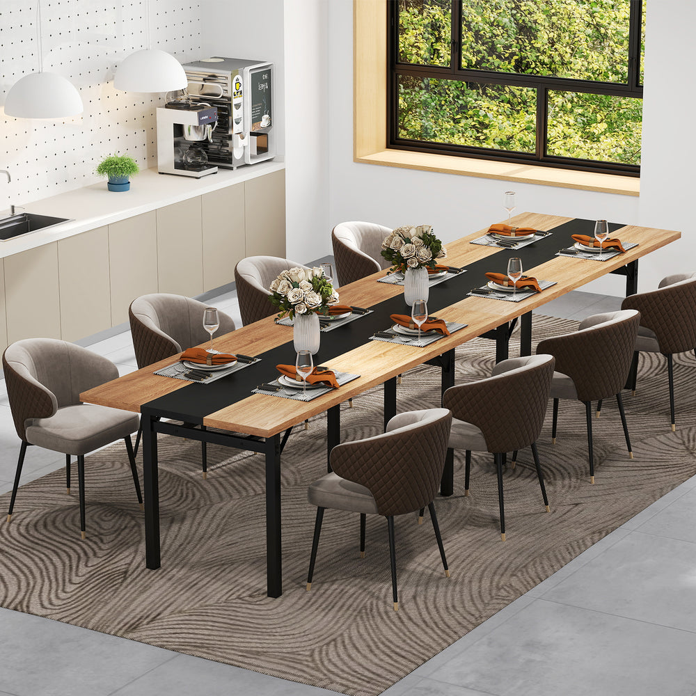 Elegant dining setup featuring a 71" table with a natural wood top, perfect for gatherings in kitchens or dining rooms.