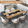 71" long dining table with a natural wood finish, accommodating 6-8 people, ideal for kitchens and dining rooms.