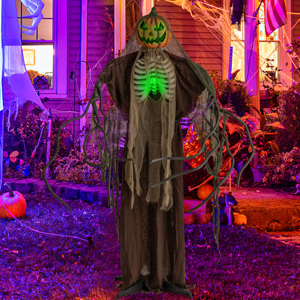 Life-sized 6 feet Halloween animatronic ghost pumpkin with glowing ribs, moving head, and eerie sounds for spooky decor.