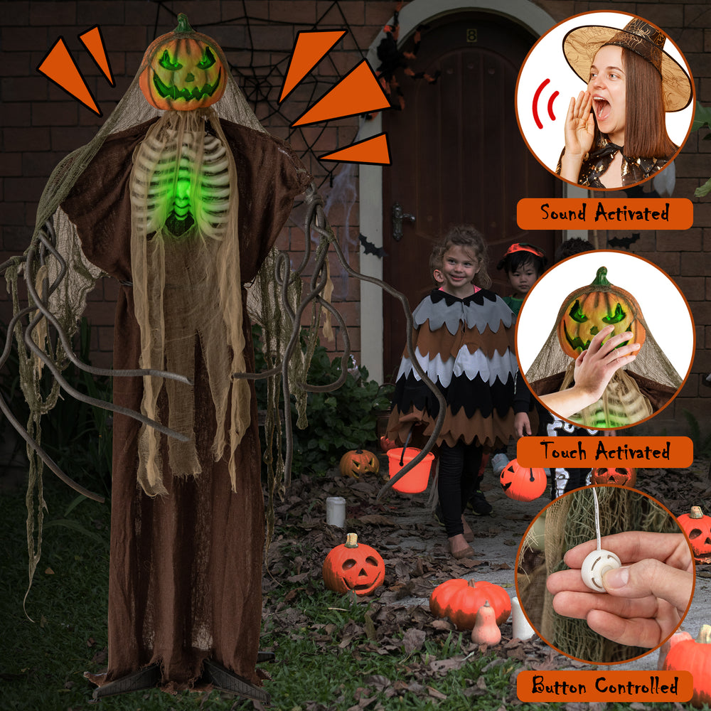 Life-sized 6 feet Halloween animatronics ghost pumpkin with glowing ribs, sound-activated, and moving head for spooky.