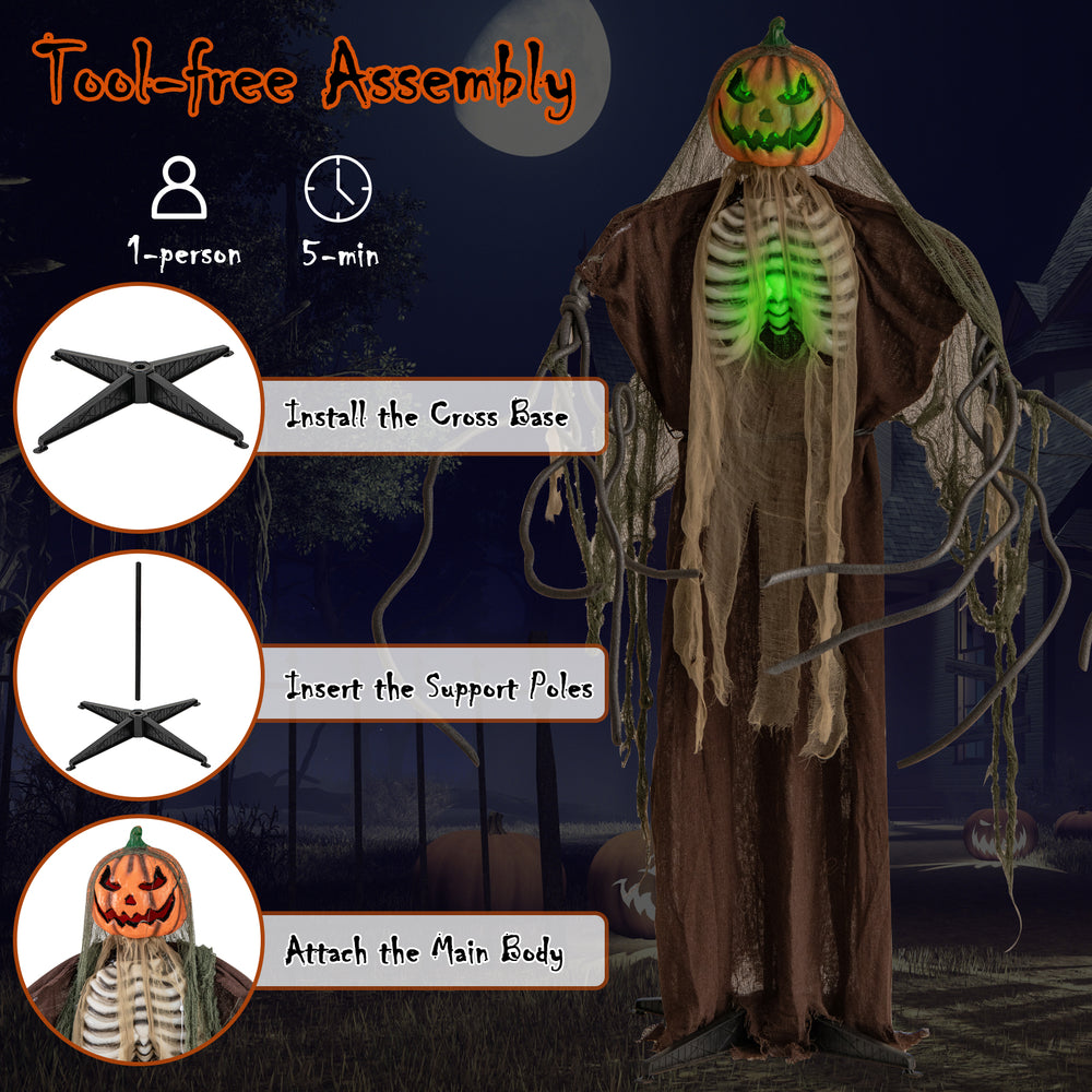 Life-sized 6 feet Halloween animatronics ghost pumpkin with glowing ribs, moving head, and tool-free assembly for.