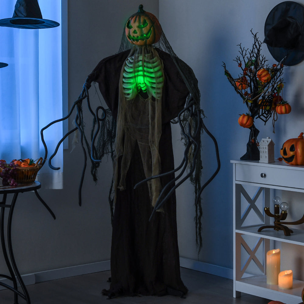 Life-sized Halloween animatronic ghost pumpkin with glowing ribs, shaking head, and eerie sounds for spooky decor.