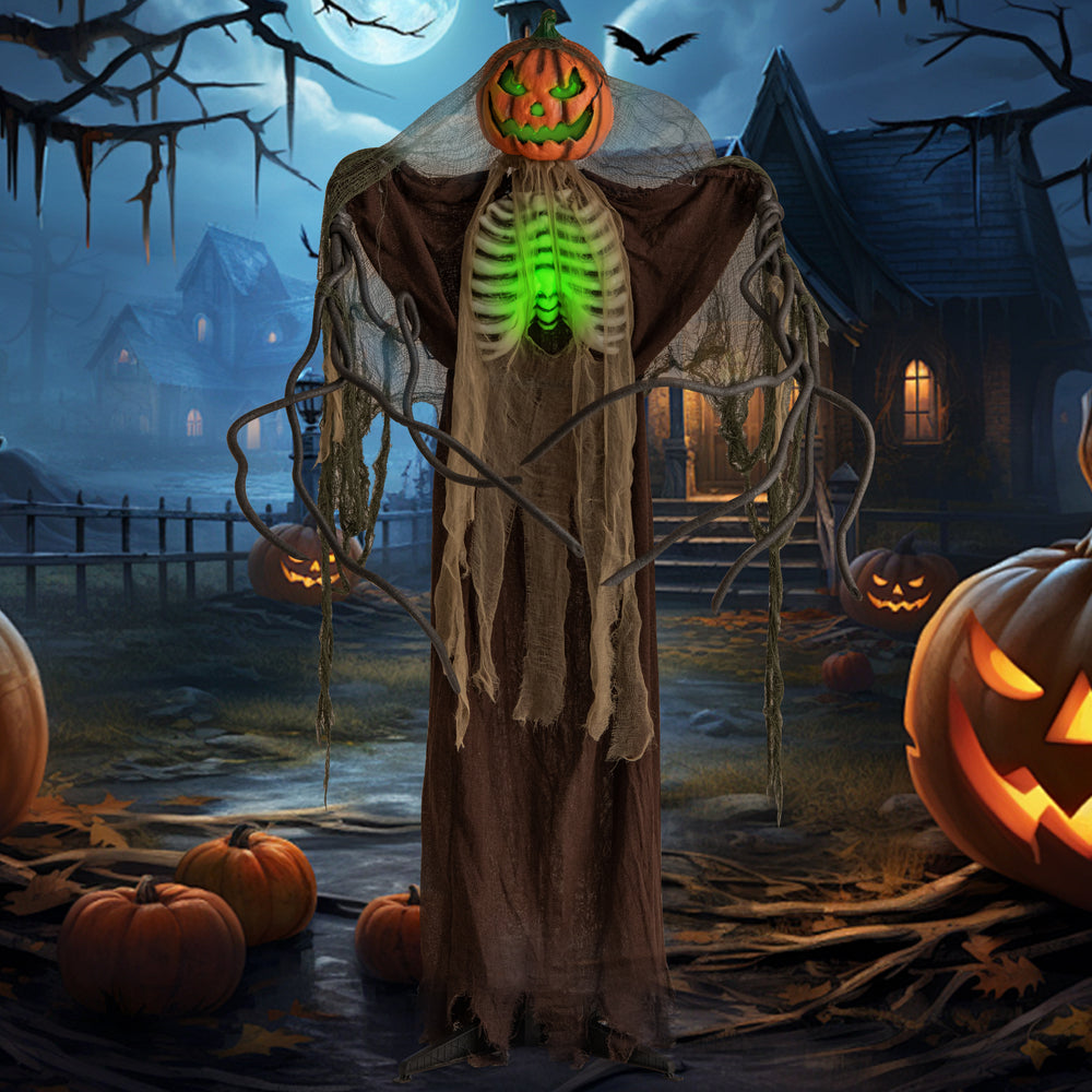 Life-sized Halloween animatronic ghost pumpkin with glowing ribs, moving head, and spooky sounds for eerie decorations.
