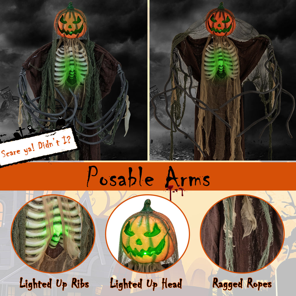 Life-sized Halloween animatronic ghost pumpkin with lighted ribs and moving head, perfect for spine-chilling scares.