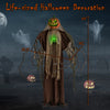 Life-sized Halloween animatronic ghost pumpkin with glowing ribs, moving head, and sound activation for spooky decor.