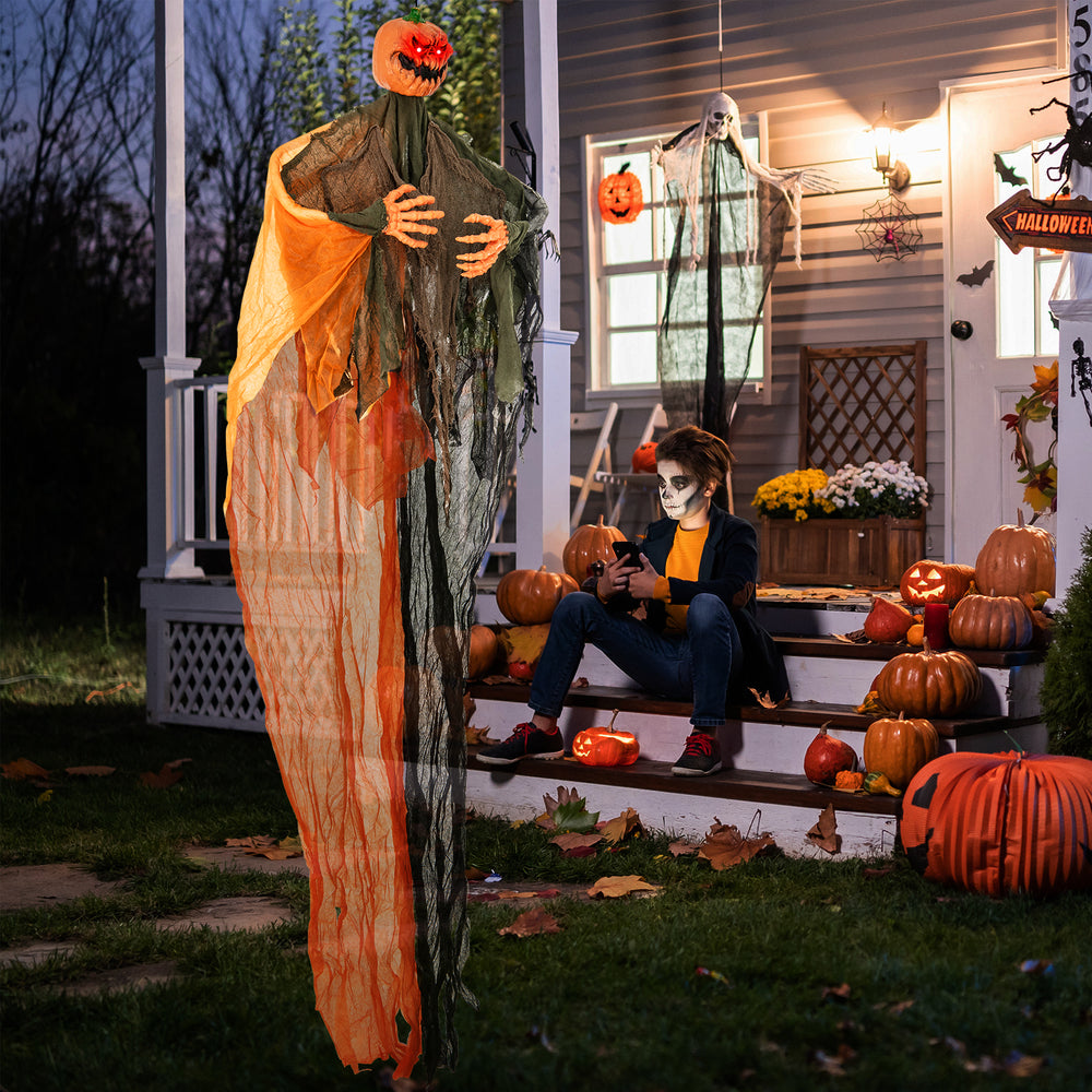 6 feet hanging pumpkin ghost with red glowing eyes and bendable arms, perfect for creating an eerie Halloween.