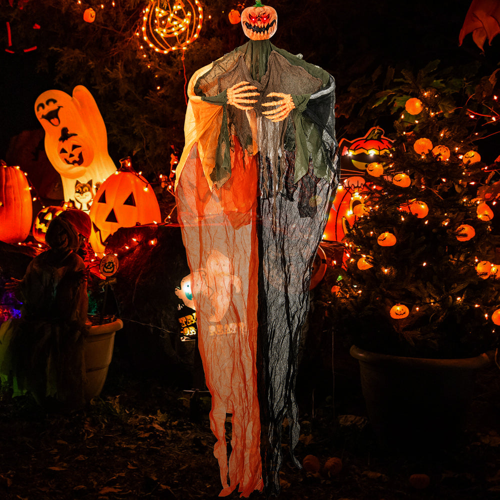 6 feet hanging pumpkin ghost with red glowing eyes, poseable arms, and flowing robe for spooky Halloween decor.