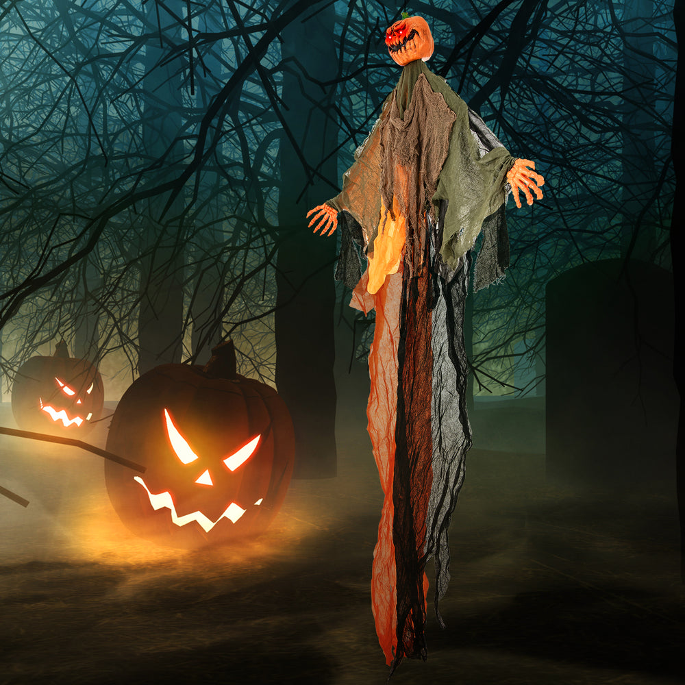 6-foot hanging pumpkin ghost with red glowing eyes, bendable arms, and flowing robe for eerie Halloween decor.