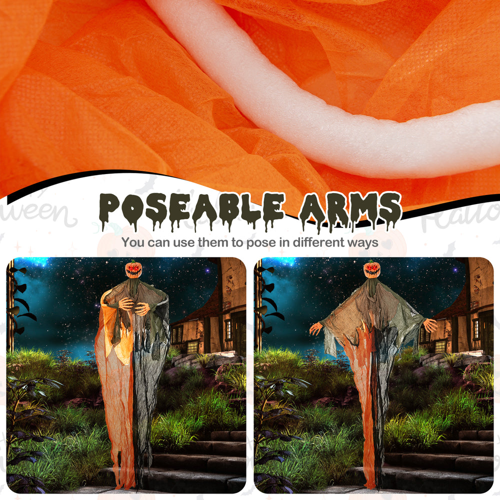 6 feet hanging pumpkin ghost with red glowing eyes and poseable arms, perfect for creating an eerie atmosphere indoors.