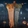 Hanging pumpkin ghost with red glowing eyes, bendable arms, and flowing robe, perfect for indoor or outdoor Halloween.
