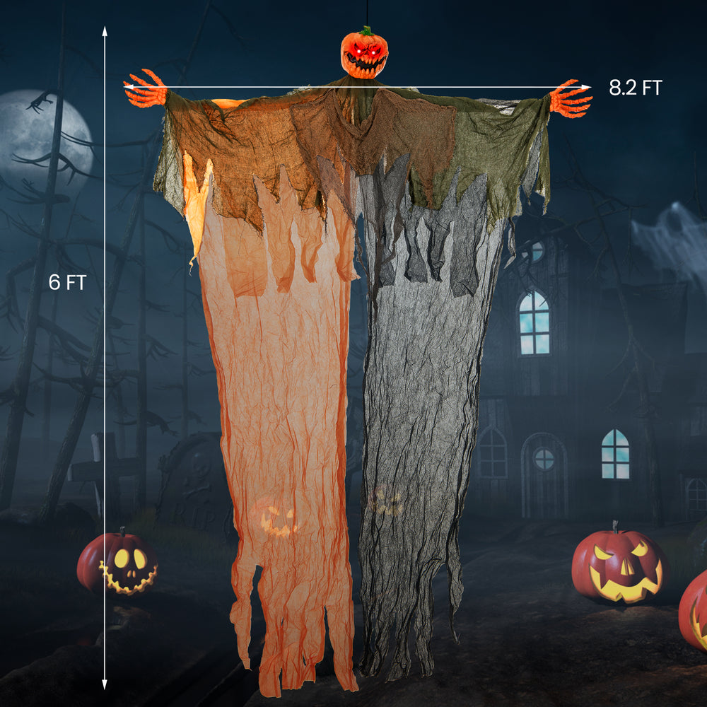 Hanging pumpkin ghost with red glowing eyes, bendable arms, and flowing robe, perfect for indoor or outdoor Halloween.