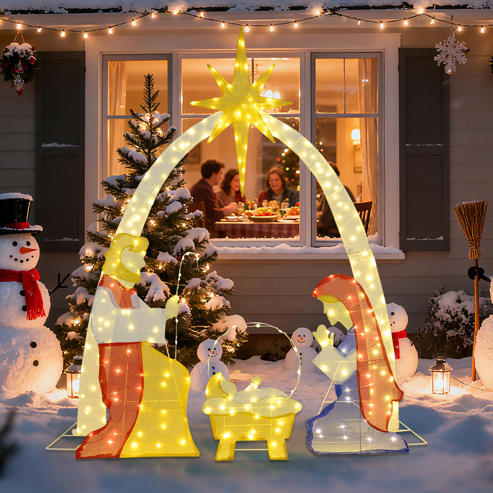 Lighted 6 feet nativity scene featuring Mary, Joseph, and Baby Jesus with 240 warm white LEDs for festive outdoor.