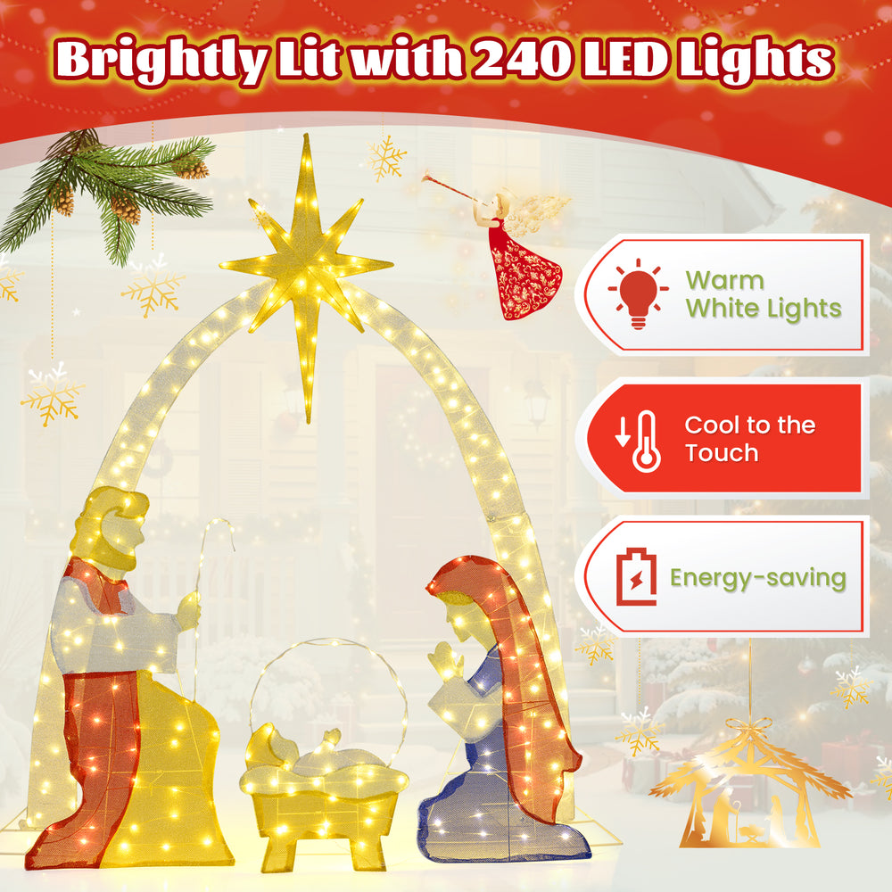 Lighted 6 feet nativity scene featuring Mary, Joseph, and Baby Jesus with 240 warm white LED lights for outdoor display.