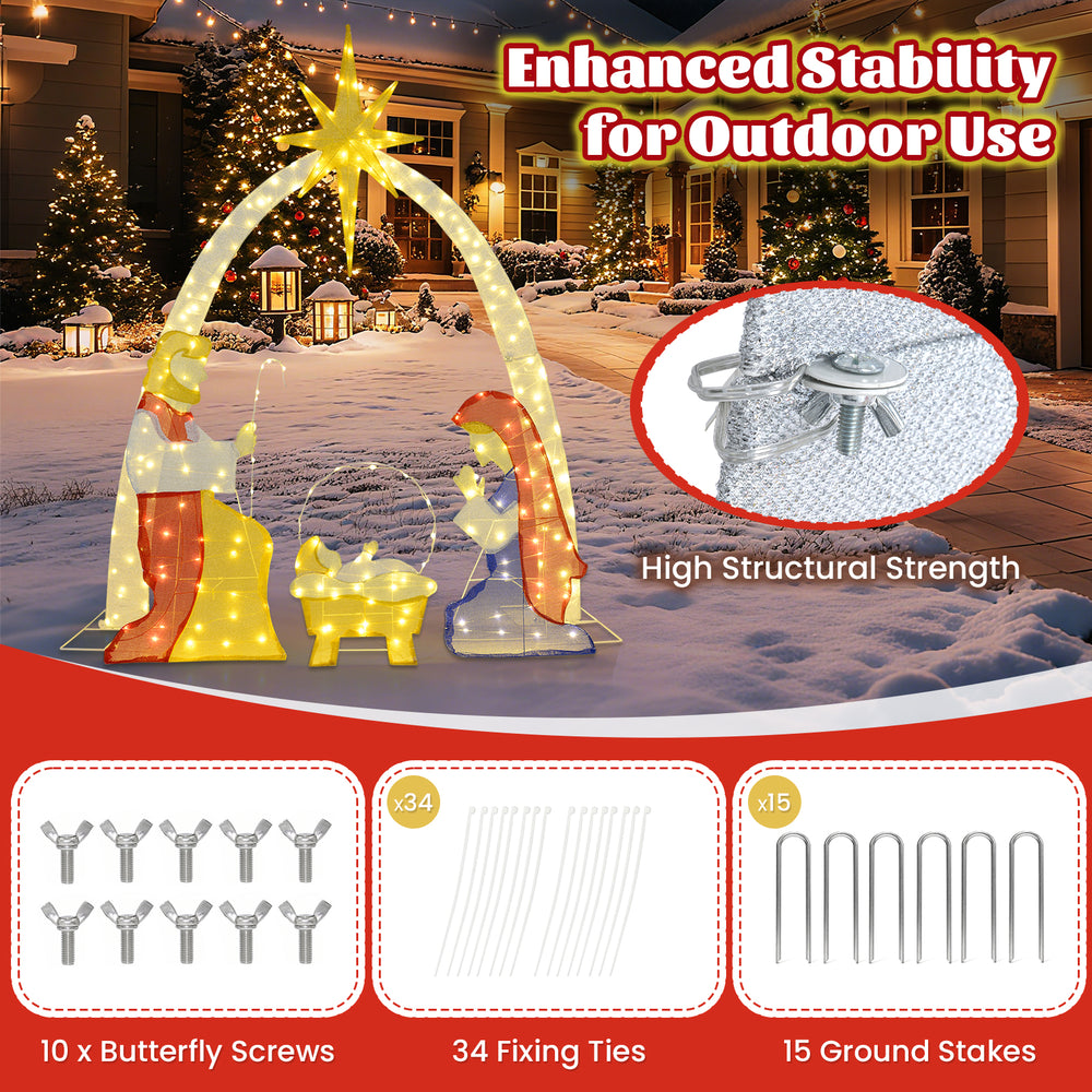 6 feet lighted nativity scene yard decoration with 240 warm white LEDs, featuring enhanced stability for outdoor use.