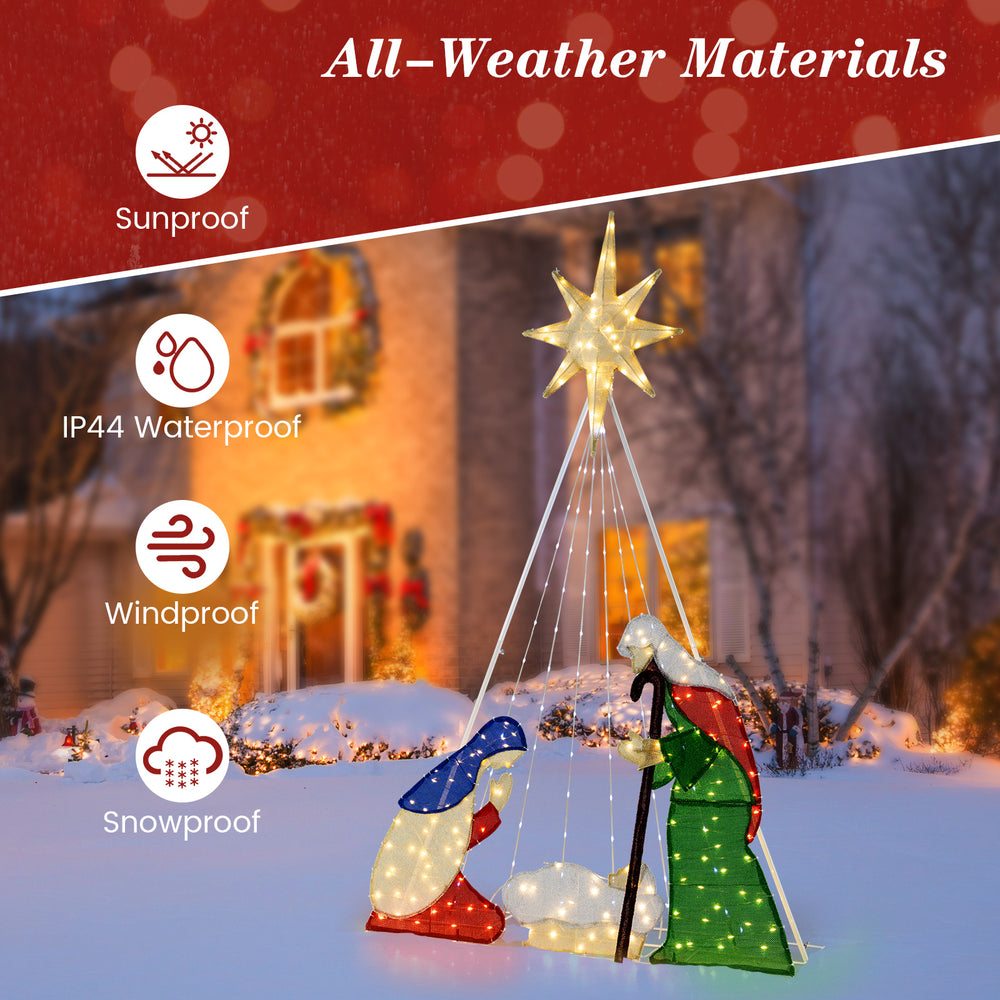 6 feet lighted nativity scene featuring 240 LED lights, snowproof and windproof design, ideal for outdoor Christmas.