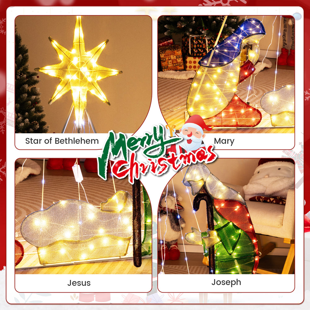 Lighted nativity scene featuring Jesus, Mary, and Joseph with 240 LED lights, perfect for Christmas outdoor decoration.