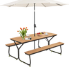 Outdoor picnic table bench set in brown with umbrella, seating 6-8 people, ideal for garden or patio use.