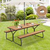 6-foot outdoor picnic table bench set in brown with umbrella hole, seating 6-8 people, perfect for garden or patio use.