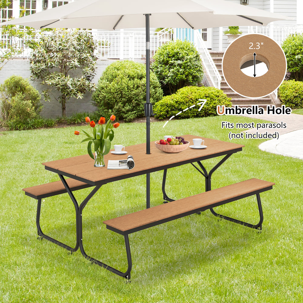 6-foot outdoor picnic table bench set in brown with umbrella hole, seating 6-8 people, perfect for garden or patio use.