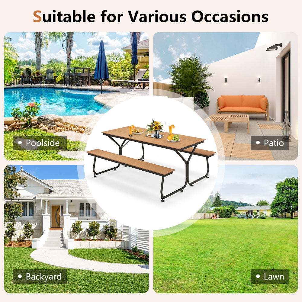 6 feet outdoor picnic table bench set in brown, weather-resistant HDPE, suitable for poolside, patio, or backyard use.