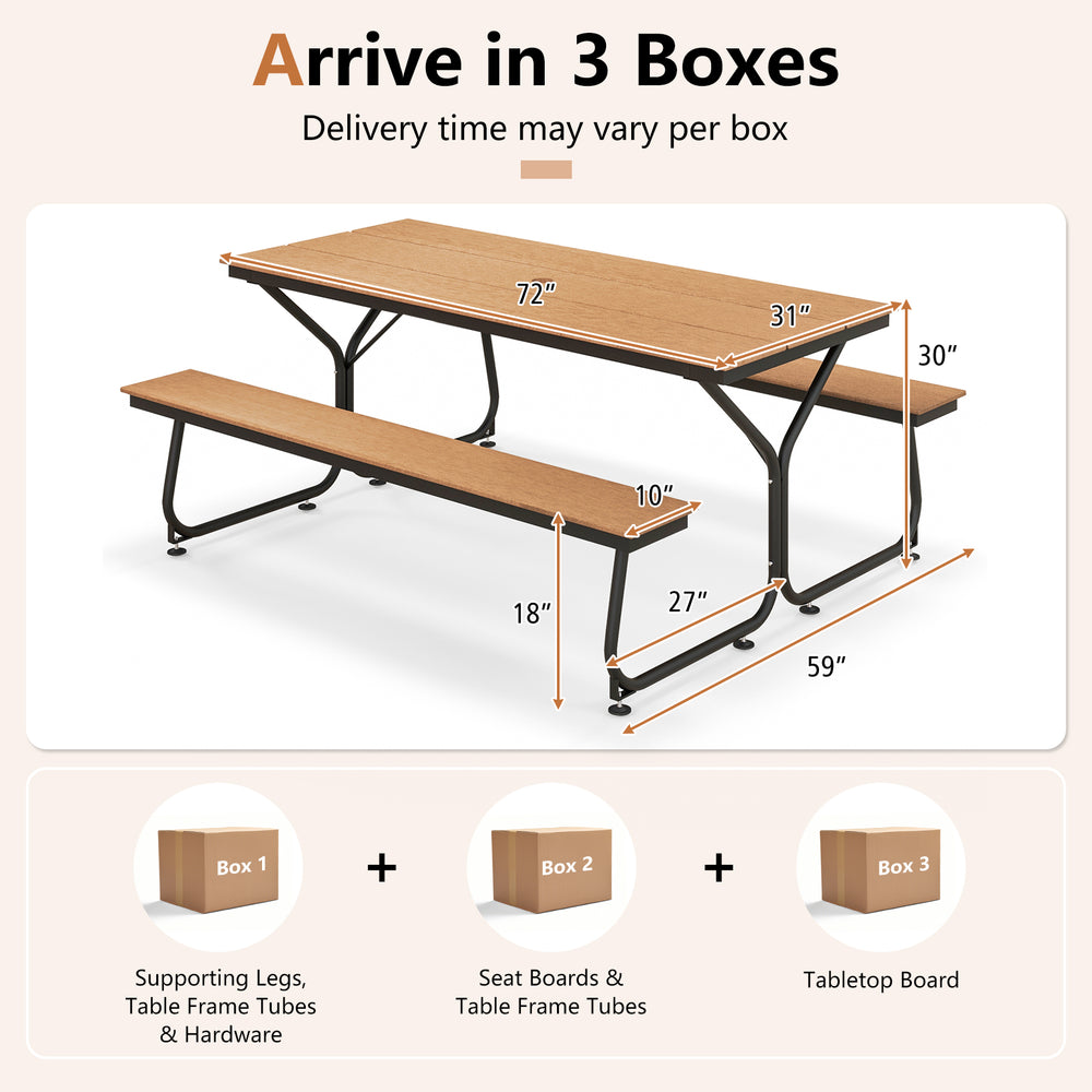 6 feet outdoor picnic table bench set in brown, weather-resistant HDPE, for 6-8 people, ideal for garden or patio use.
