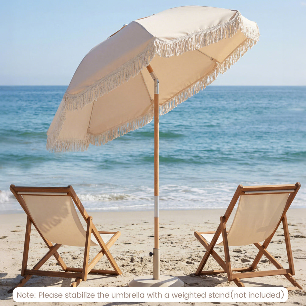 6 feet white patio umbrella with fringe and wood pole, featuring push button tilt, perfect for beachside relaxation.