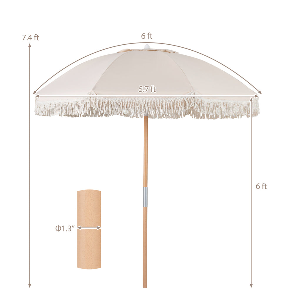 6 feet patio umbrella with fringe, white polyester fabric, wood pole, and push button tilt for adjustable shade.