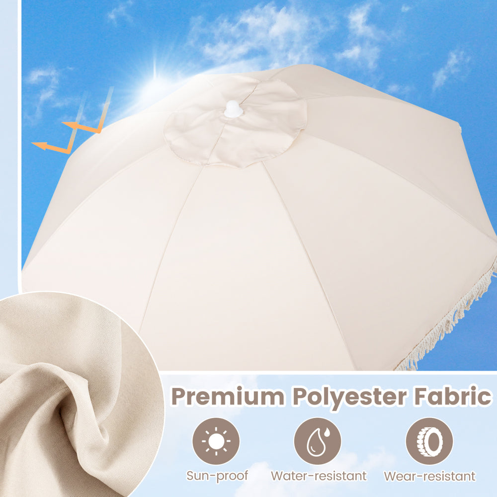 White 6 feet patio umbrella with fringe, featuring premium polyester fabric, push button tilt, and sturdy wood pole.
