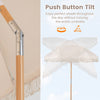 Close-up of the 6 feet white patio umbrella with fringe, featuring a wood pole and push button tilt for adjustable.