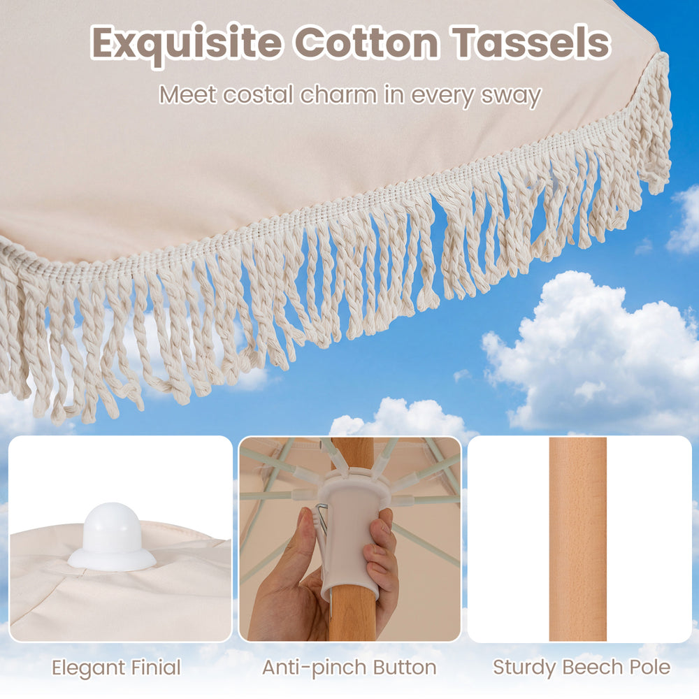 Close-up of the exquisite cotton tassels and sturdy beech pole on a 6 feet white patio umbrella for coastal charm.