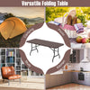 6 feet folding table with wood grain HDPE tabletop, ideal for camping, picnics, and indoor use, featuring a safe lock.