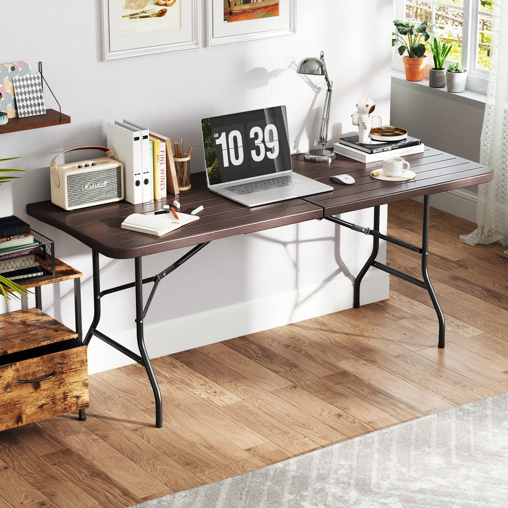 6 feet folding table with wood grain HDPE tabletop, sturdy metal legs, ideal for indoor and outdoor use.