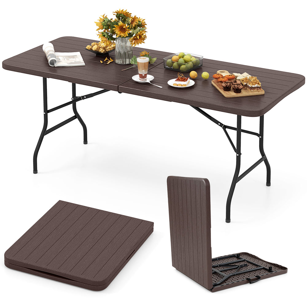 6-foot folding table with brown wood grain HDPE top, featuring a safe lock mechanism, ideal for outdoor picnics and.