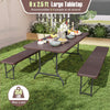 6-foot folding table with wood grain HDPE tabletop, accommodating 6-8 people for outdoor picnics or gatherings.