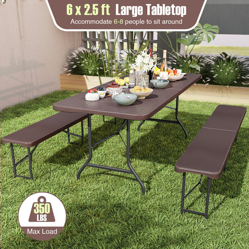 6-foot folding table with wood grain HDPE tabletop, accommodating 6-8 people for outdoor picnics or gatherings.