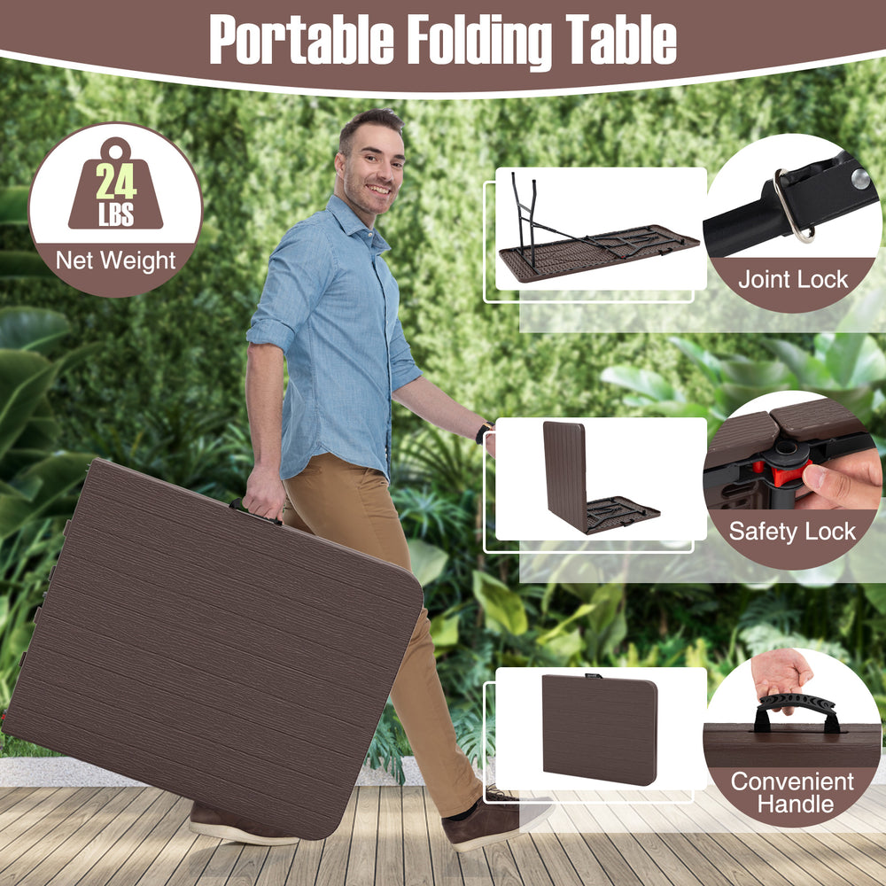 6 feet folding table with wood grain HDPE tabletop, safety lock, and convenient handle for outdoor picnics and camping.