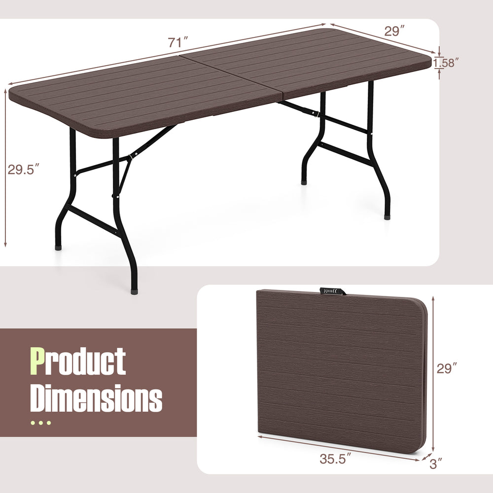 6-foot folding table with wood grain HDPE tabletop, brown color, and safe lock mechanism for versatile indoor and.