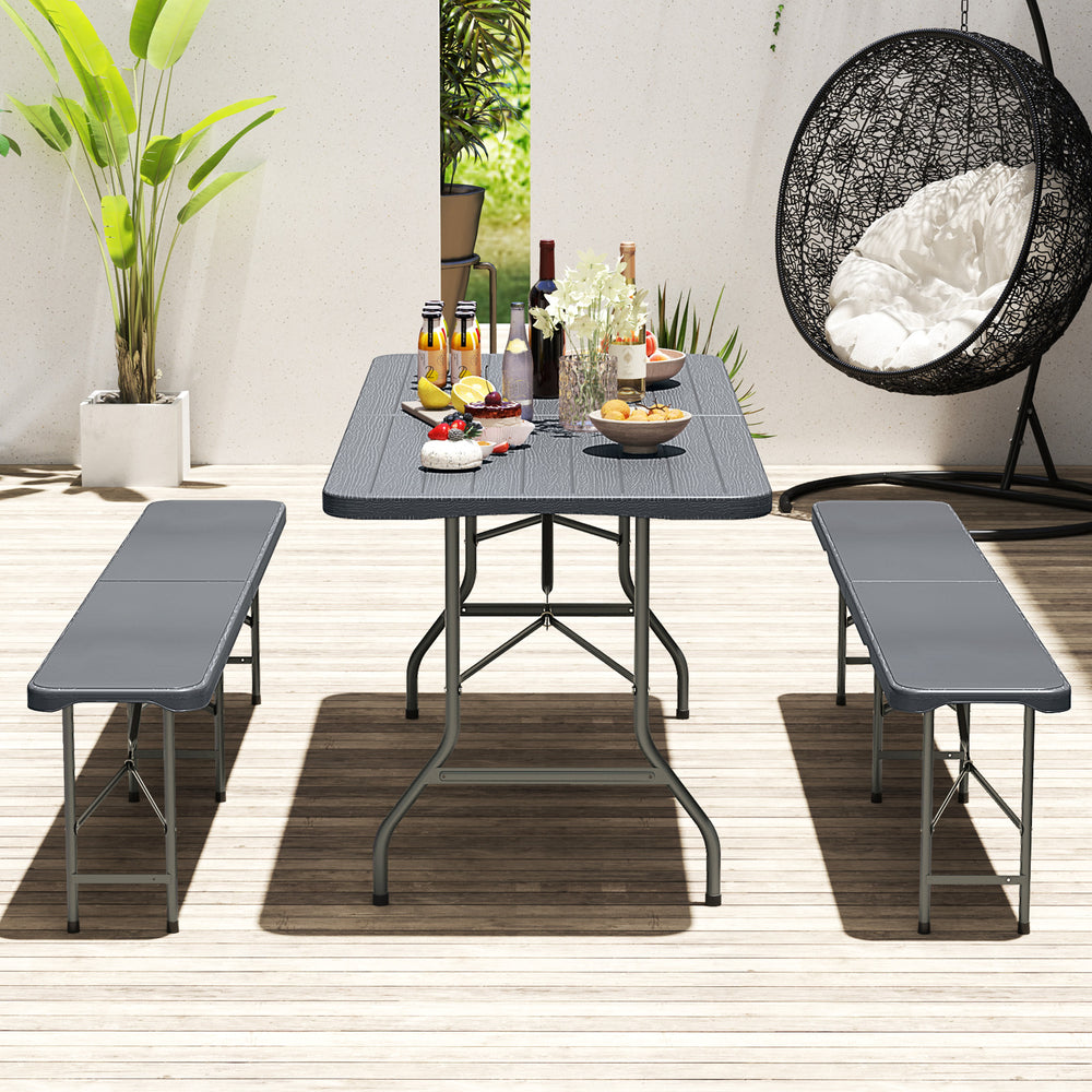 6 Feet Folding Table with Wood Grain HDPE Tabletop and Safe Lock Mechanism-Gray - Gallery View 1 of 10