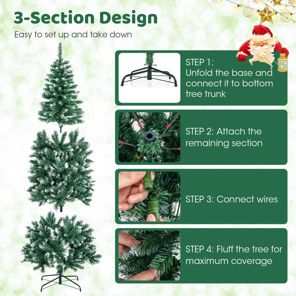 6 feet pre-lit artificial Christmas tree with 618 snowy branch tips, featuring a 3-section design for easy setup.