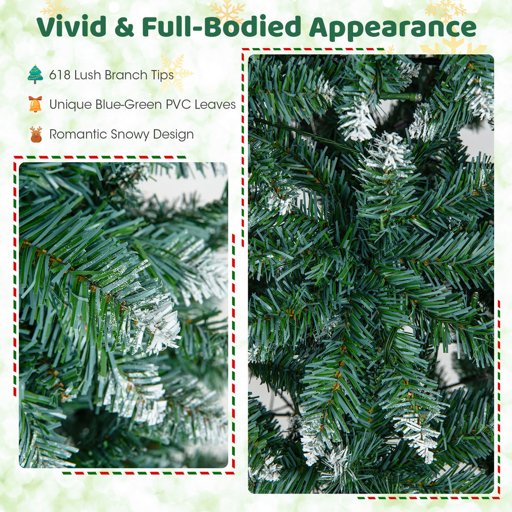 Close-up of the 6 feet pre-lit artificial Christmas tree showcasing 618 snowy branch tips and blue-green PVC leaves.